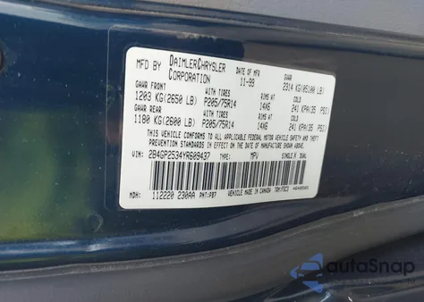 2000 Dodge Caravan z USA, uszkodzony, nr VIN 2B4GP2534YR609437